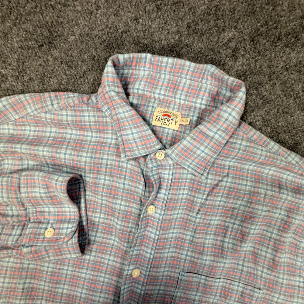 Faherty Brand Plaid Cotton Stretch Button Down Shirt Mens XL Blue Coral 0955